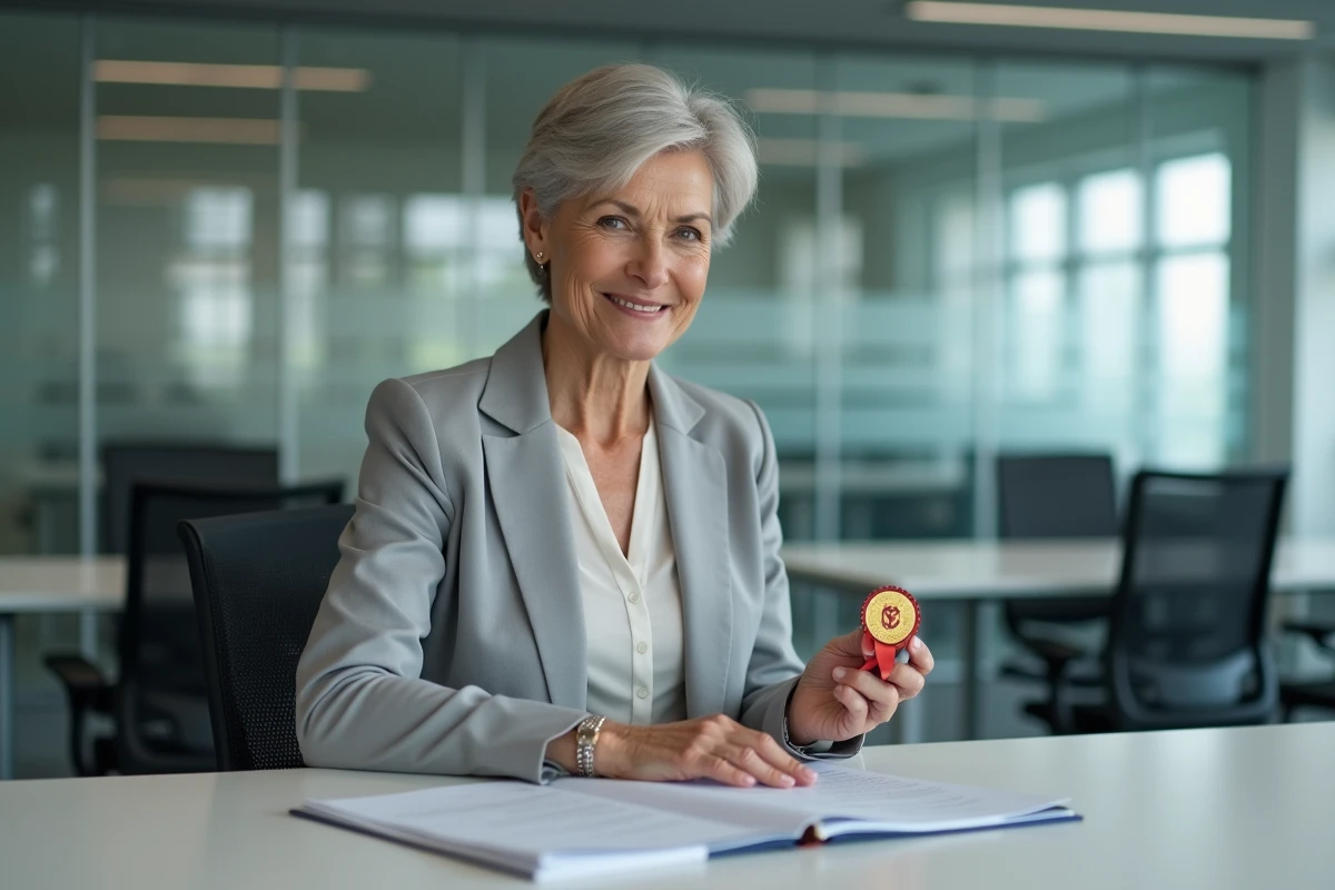 Responsable RH tenant une médaille du travail et consultant la politique interne de l'entreprise sur la prime