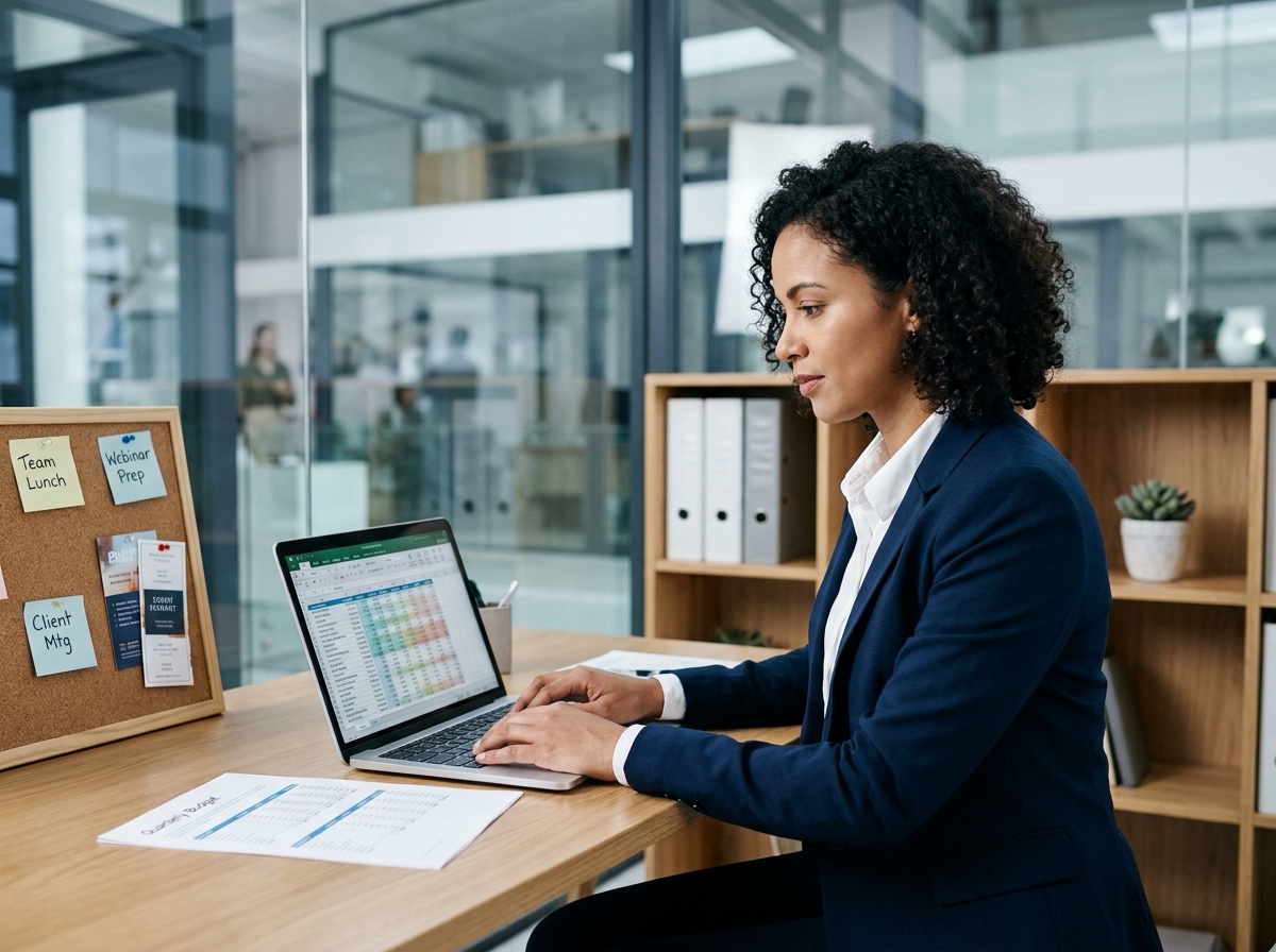 Responsable des ressources humaines analysant le budget moments partagés du comité d'entreprise sur son ordinateur portable