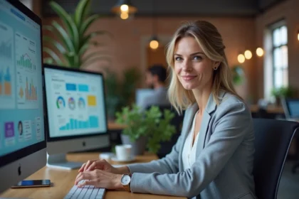 Responsable RH d'une PME utilisant une plateforme RH numérique sur son ordinateur dans un bureau moderne