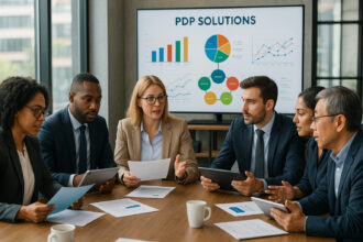 Réunion d'affaires avec professionnels discutant de solutions PDP
