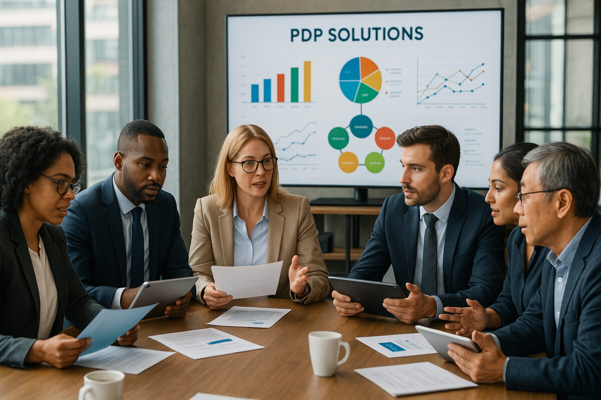 Réunion d'affaires avec professionnels discutant de solutions PDP