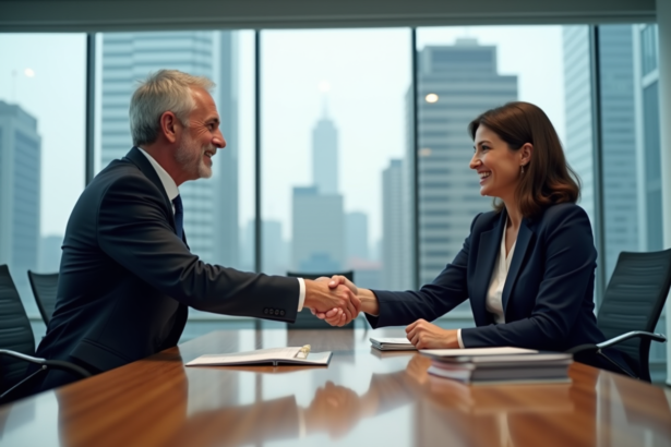 Deux professionnels d'affaires se serrant la main dans une salle moderne