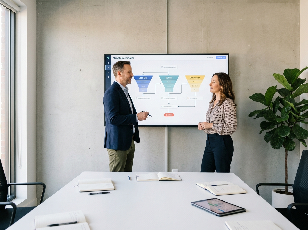 Deux professionnels en réunion discutant d'un audit de marketing automation devant un schéma de workflow CRM affiché à l'écran