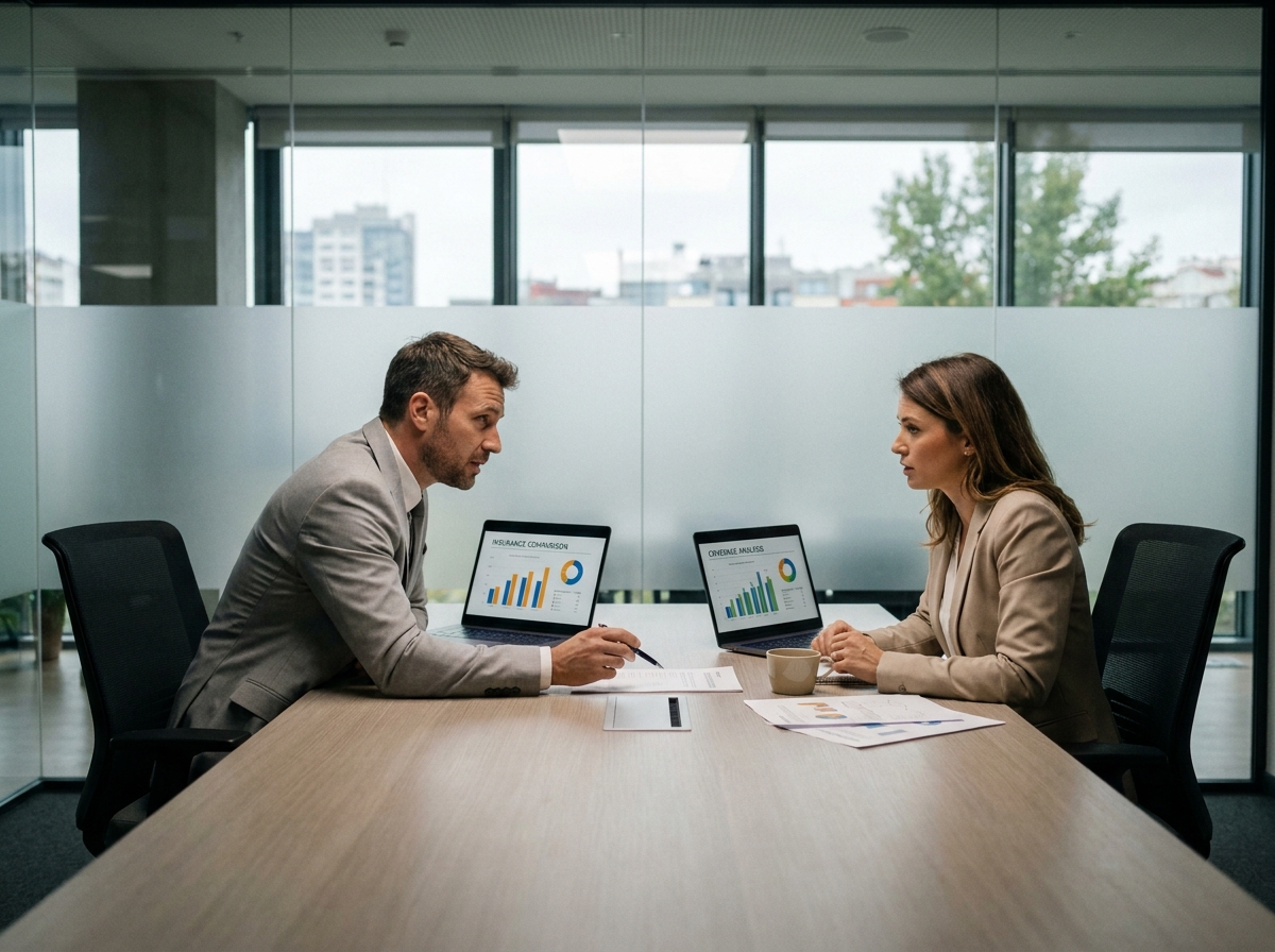 Deux professionnels en réunion comparant des contrats d'assurance responsabilité civile professionnelle