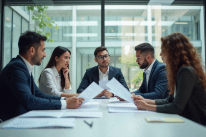 Réunion d'affaires dans un bureau lumineux avec professionnels concentrés