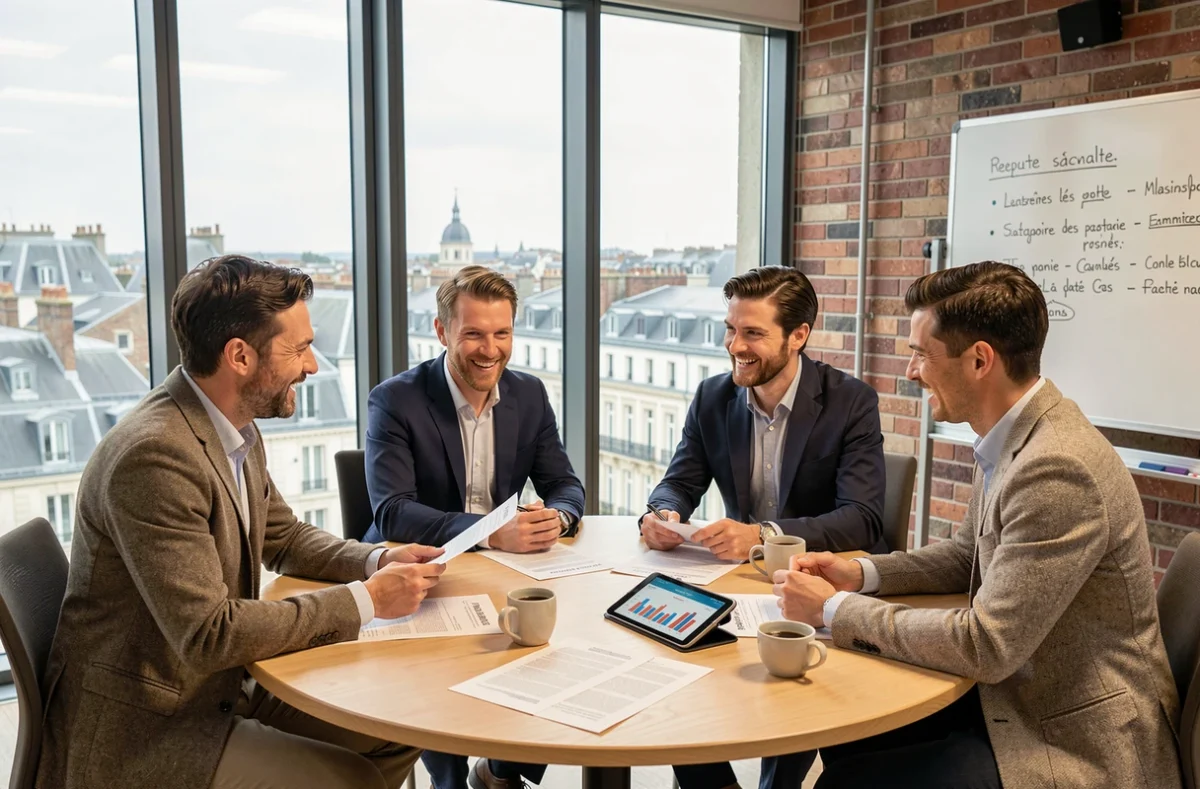 Équipe de professionnels nantais en réunion stratégique dans une salle moderne avec vue sur le skyline de Nantes