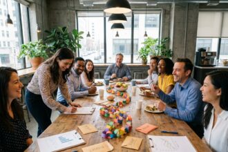 Équipe d'entreprise réunie autour d'une table pour organiser un événement collectif dans le cadre du budget comité d'entreprise