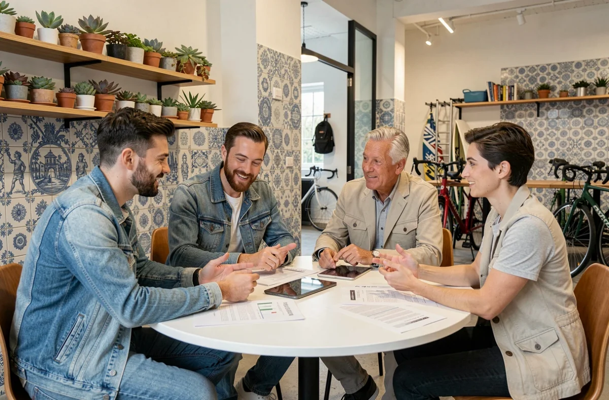 Groupe de professionnels en réunion collaborative dans un coworking à Biarritz avec décoration basque