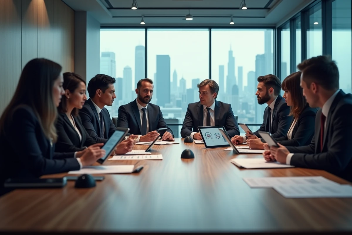 Groupe de professionnels discutant autour d