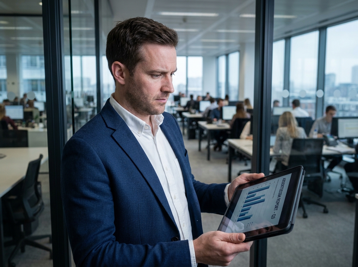 Responsable des ressources humaines analysant un rapport d'absentéisme au travail dans un bureau moderne