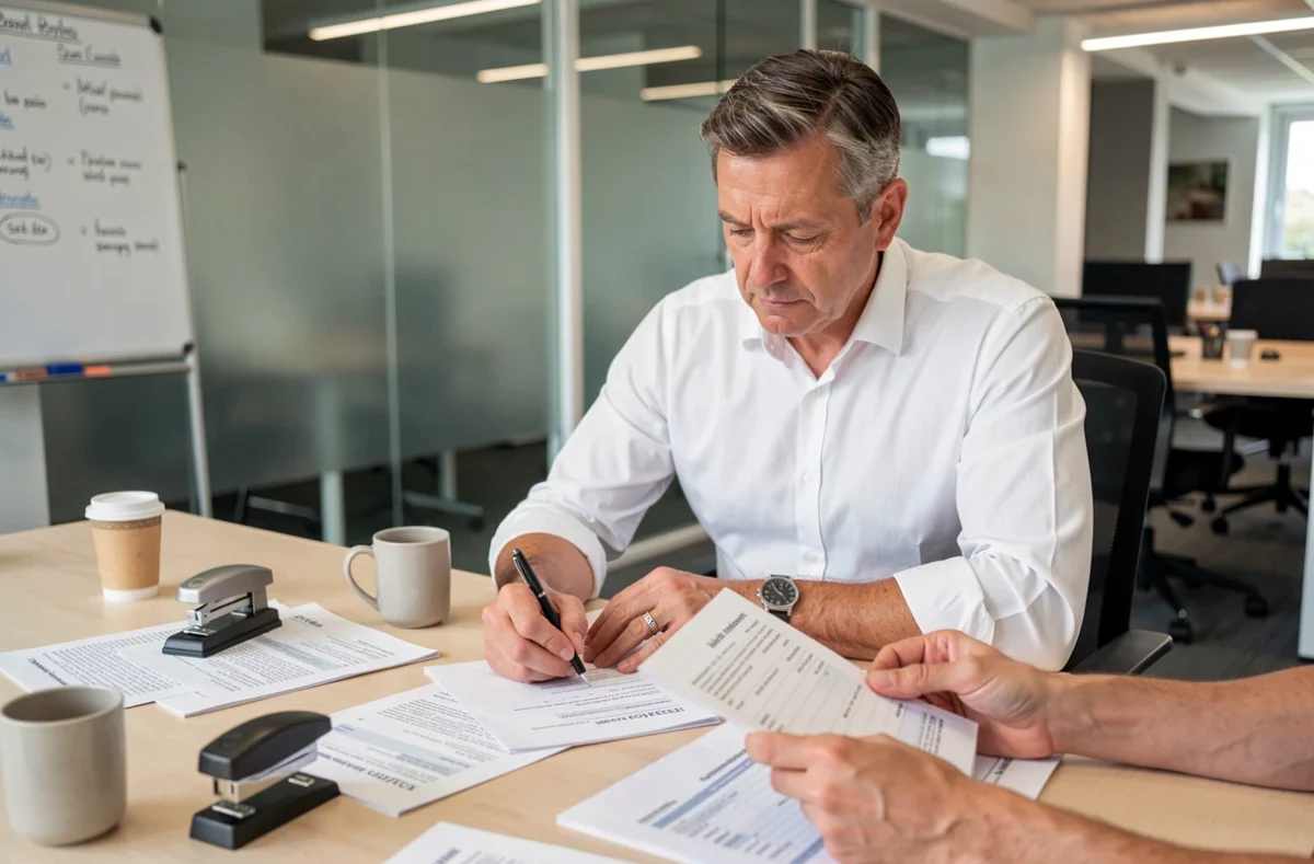 Responsable RH remplissant des formulaires de chômage partiel dans une entreprise lors d'une fermeture administrative