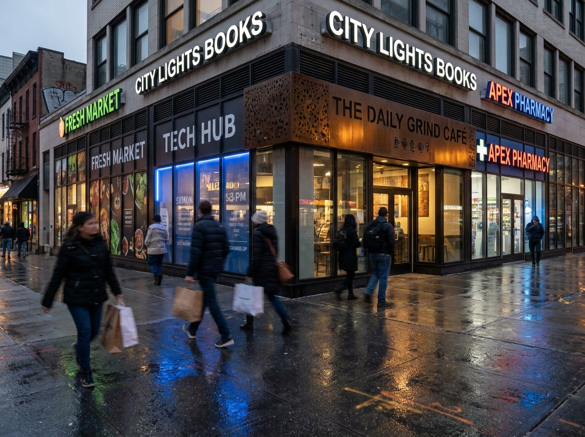 Rue commerçante urbaine avec enseignes publicitaires variées sur les façades de boutiques et café en ville
