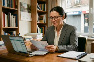 Femme cadre analysant des bulletins de salaire pendant une fermeture administrative dans un bureau professionnel