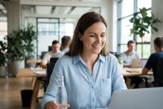 Salariée souriante tenant une bouteille d'eau gazeuse à son bureau dans un open space moderne