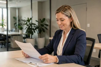 Salariée MAAF consultant ses avantages Cemaaf sur des documents au bureau