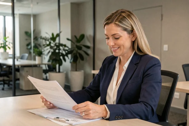 Salariée MAAF consultant ses avantages Cemaaf sur des documents au bureau
