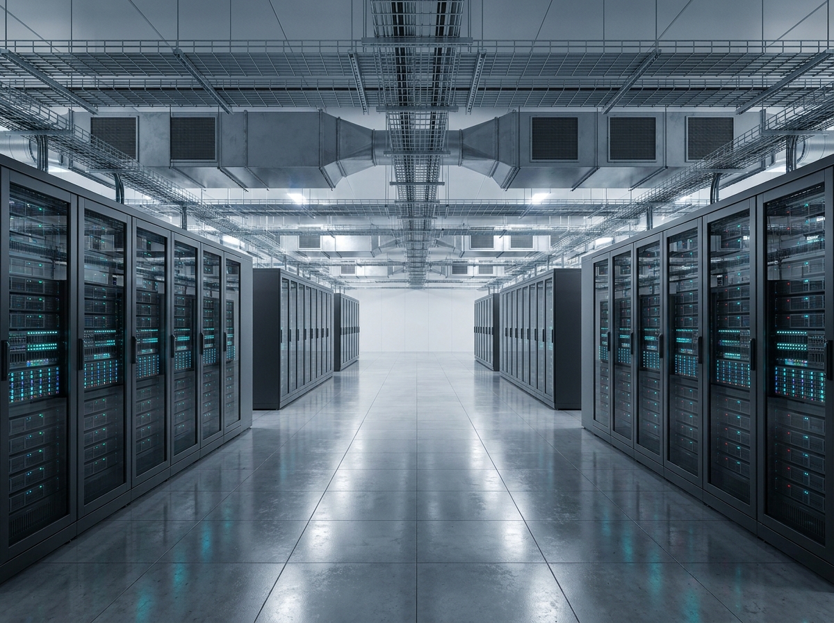 Vue panoramique d'une salle de colocation avec rangées de serveurs et gestion des câbles en datacenter professionnel