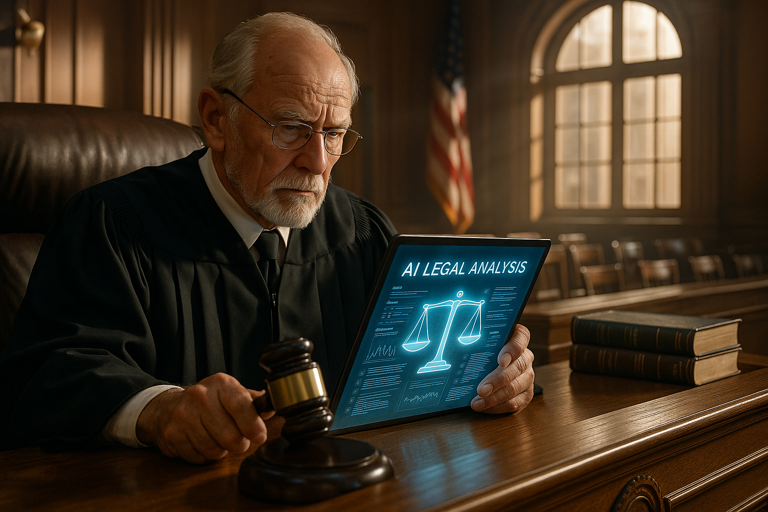 Juge utilisant une tablette avec analyse juridique AI dans une salle d