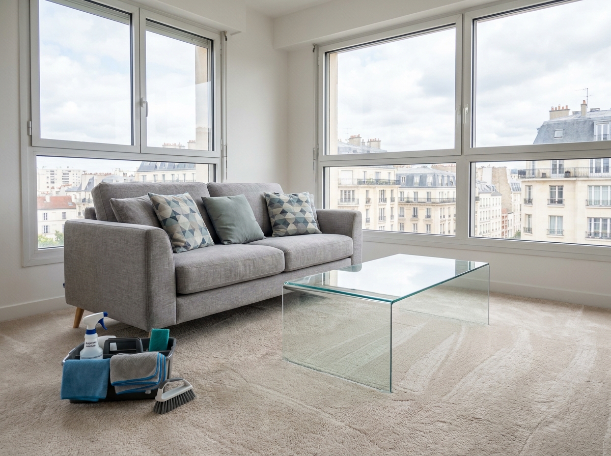 Salon propre et rangé après un service de ménage professionnel dans un appartement à Puteaux