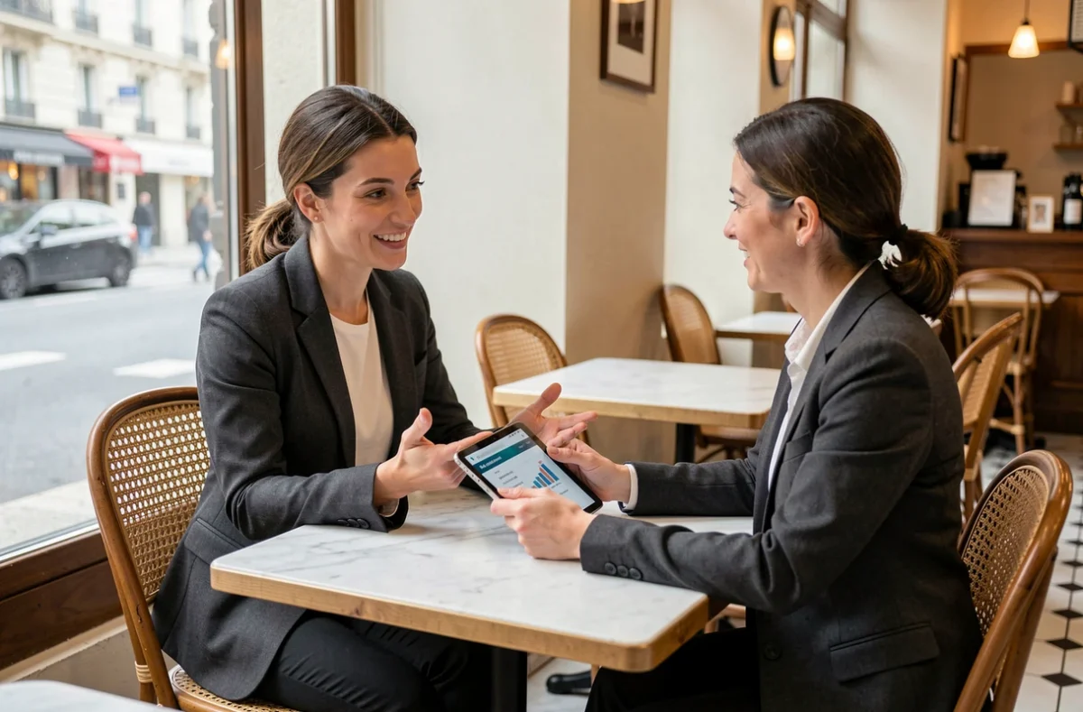 Sarah El Gharbi consultant en marketing digital présentant une proposition stratégique à une cliente dans un café moderne