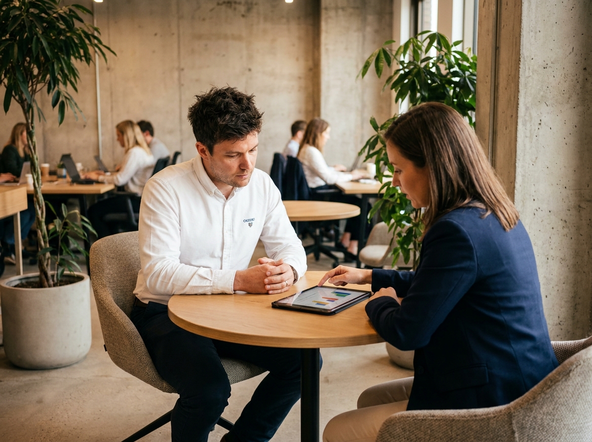Séance de coaching SEO entre un consultant et un entrepreneur autour d'un tableau de bord de référencement naturel en espace de coworking
