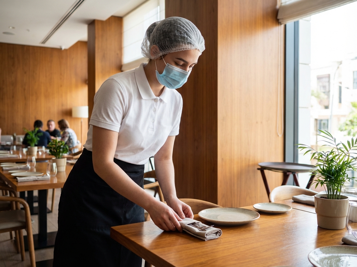 Serveuse moderne place des couverts dans un restaurant accueillant
