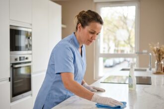Femme de ménage professionnelle en uniforme bleu nettoyant un plan de travail dans une cuisine moderne à Puteaux