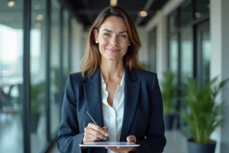 Femme professionnelle signant un contrat numérique sur tablette dans un bureau moderne avec Coffreo
