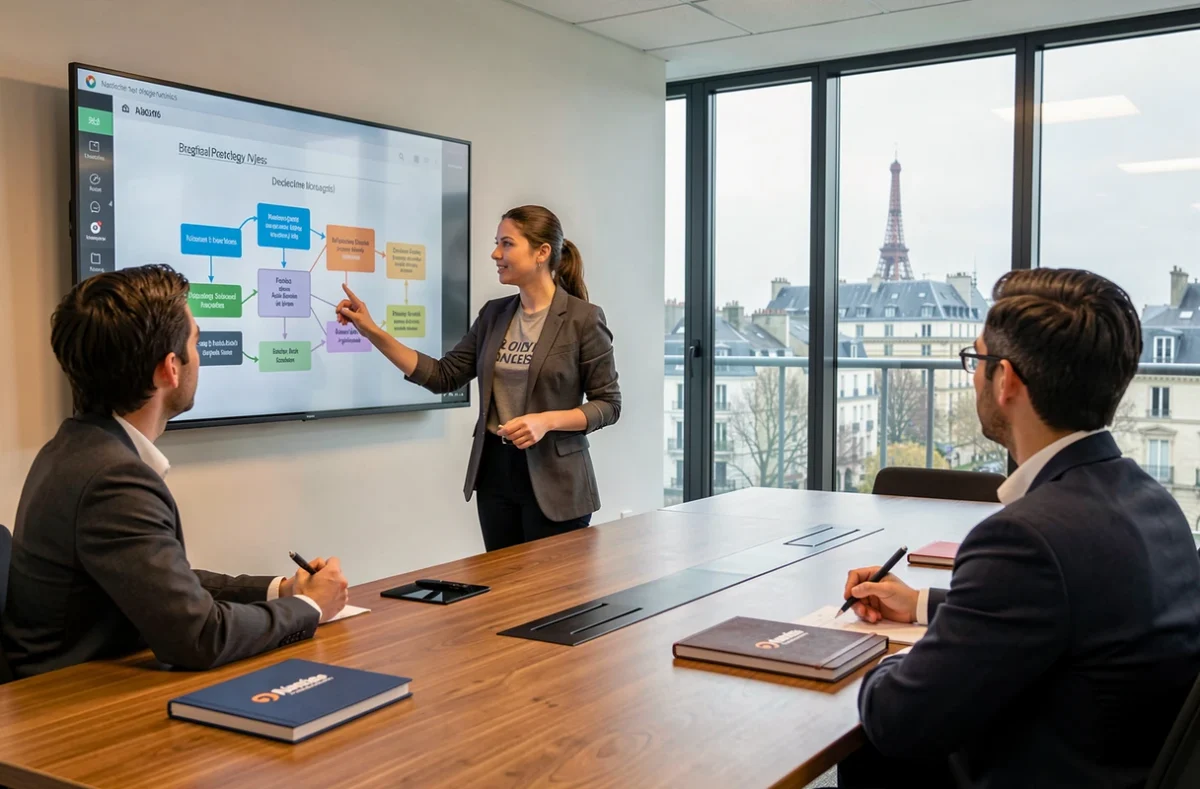 Chef de projet digital de l'agence Smartfire présentant une stratégie digitale à son équipe dans une salle de réunion moderne à Nantes