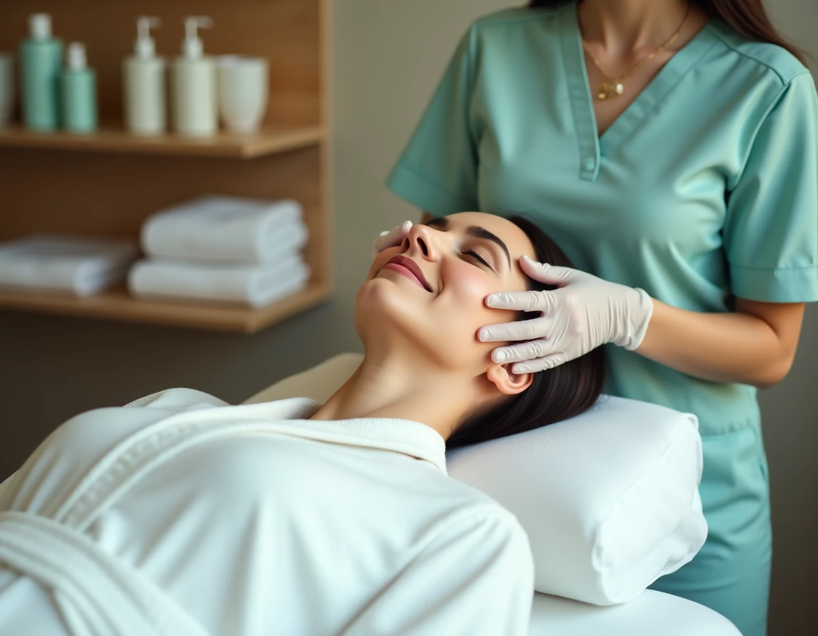 Cliente recevant un soin du visage dans un institut de beauté avec prise de rendez-vous simplifiée par un logiciel de réservation
