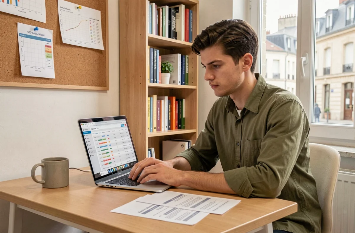 Consultant SEO de SoRank étudiant un rapport de positionnement et un audit technique sur son ordinateur portable dans un bureau local