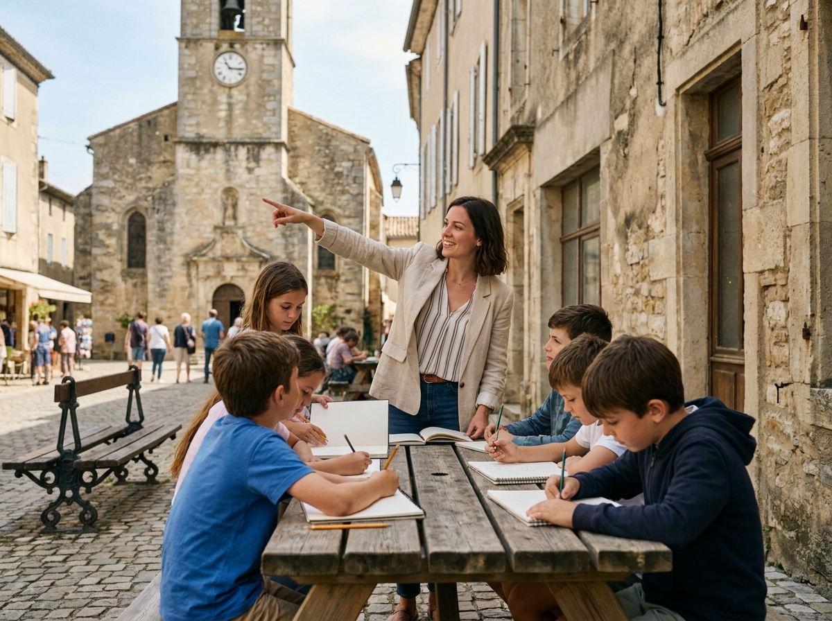 Enseignante encadrant des élèves lors d'une sortie scolaire en centre-ville pour un projet d'architecture et de patrimoine local