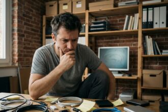 Homme frustré face à un bureau encombré de câbles, clés USB et disques durs en désordre symbolisant un stockage bricolé
