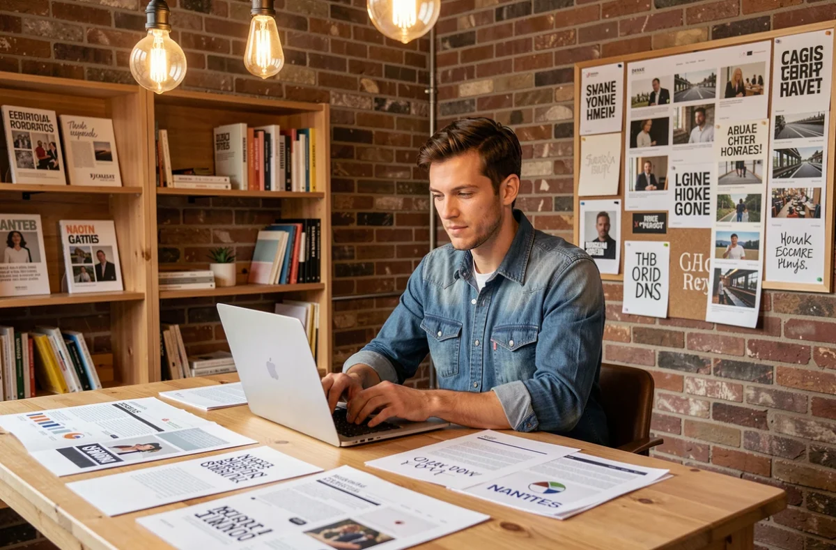 Stratège contenu de StoryFeeling entouré de maquettes éditoriales et de documents de création web dans leur agence à Nantes