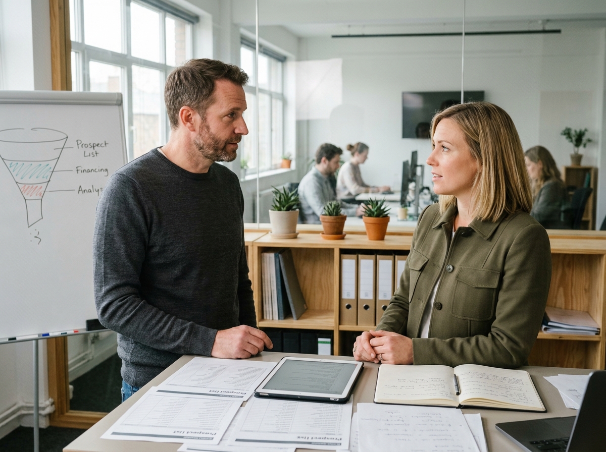 Deux professionnels d'une petite entreprise discutant d'une stratégie de prospection B2B devant un tableau de tunnels de conversion dans un espace de coworking