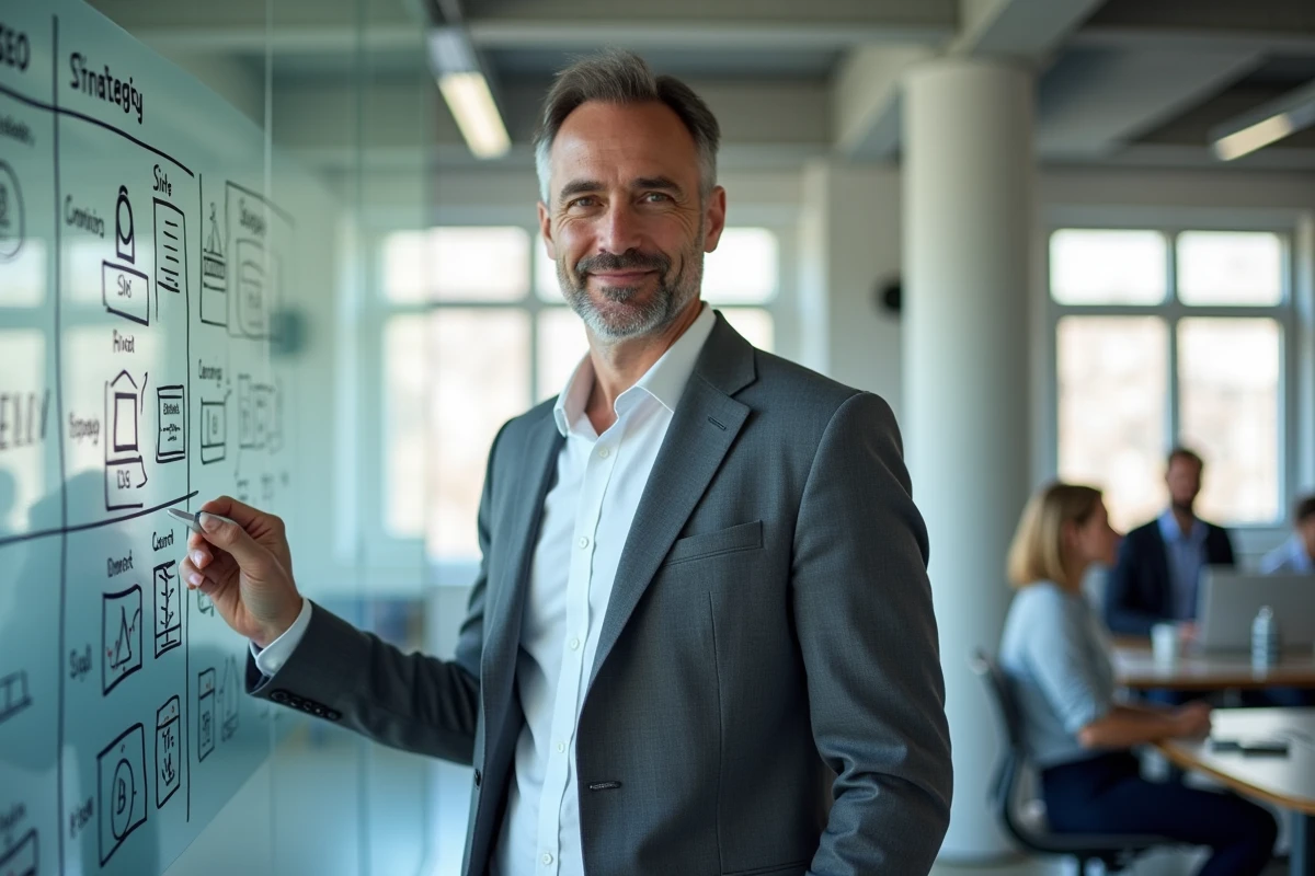 Stratège SEO présentant une stratégie de référencement complète sur un tableau blanc dans un espace de coworking à Rennes