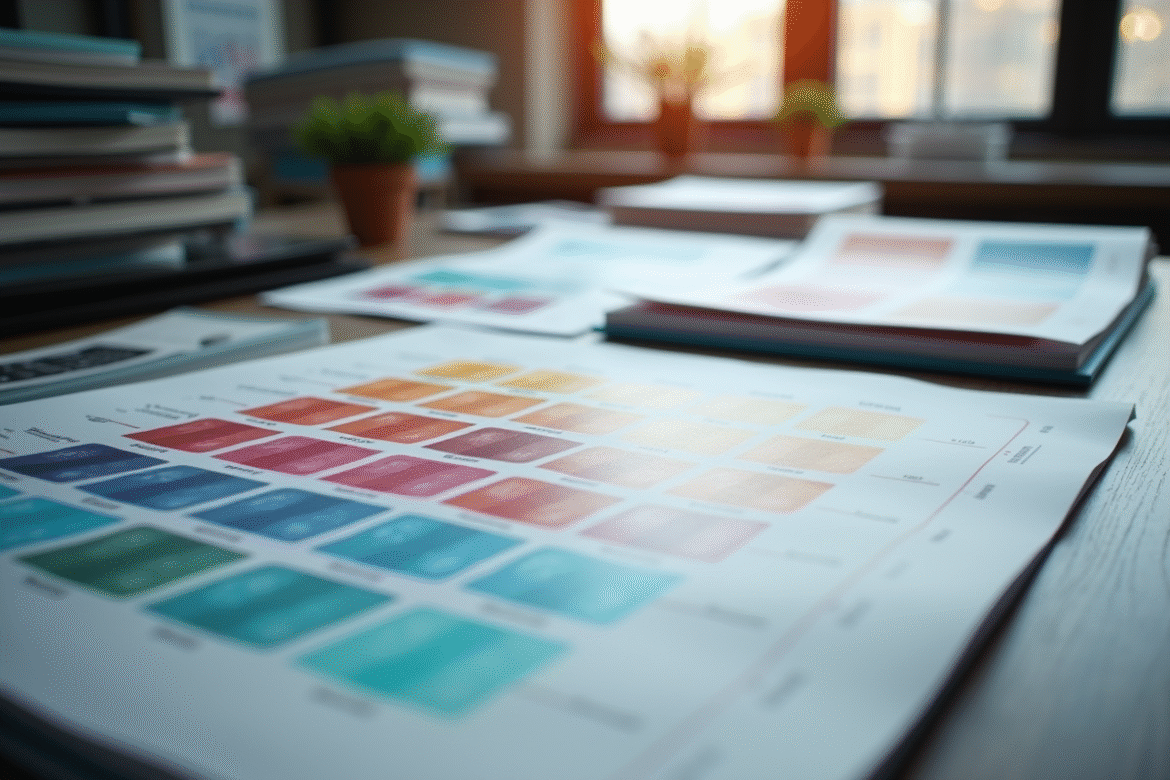 Espace de studio d'impression professionnel avec grands formats colorés