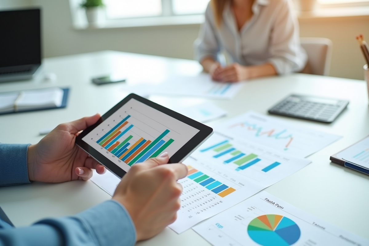 Mains utilisant une tablette avec graphique et formulaires fiscaux