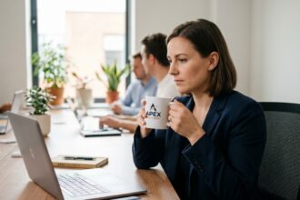 Femme professionnelle tenant une tasse personnalisée avec logo d'entreprise dans un bureau moderne