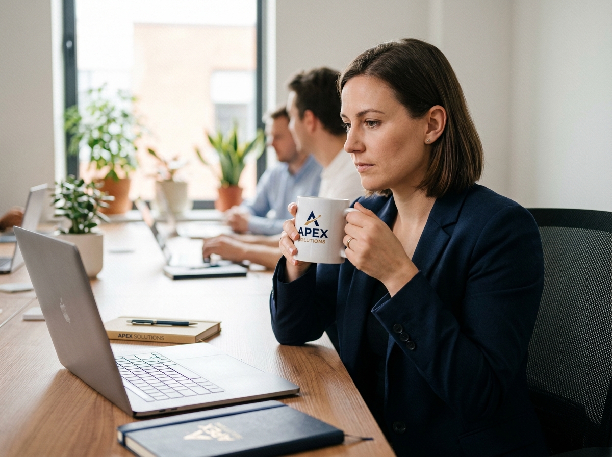 Femme professionnelle tenant une tasse personnalisée avec logo d'entreprise dans un bureau moderne