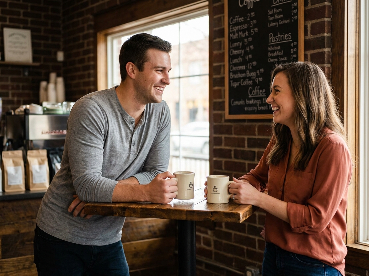 Deux collègues tenant des tasses personnalisées assorties dans un espace café d'entreprise convivial