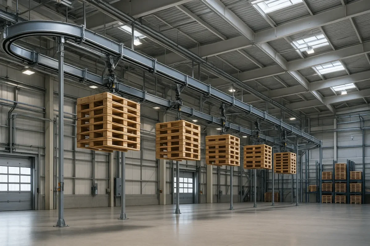 Système de convoyeur aérien transportant des palettes dans une usine automobile