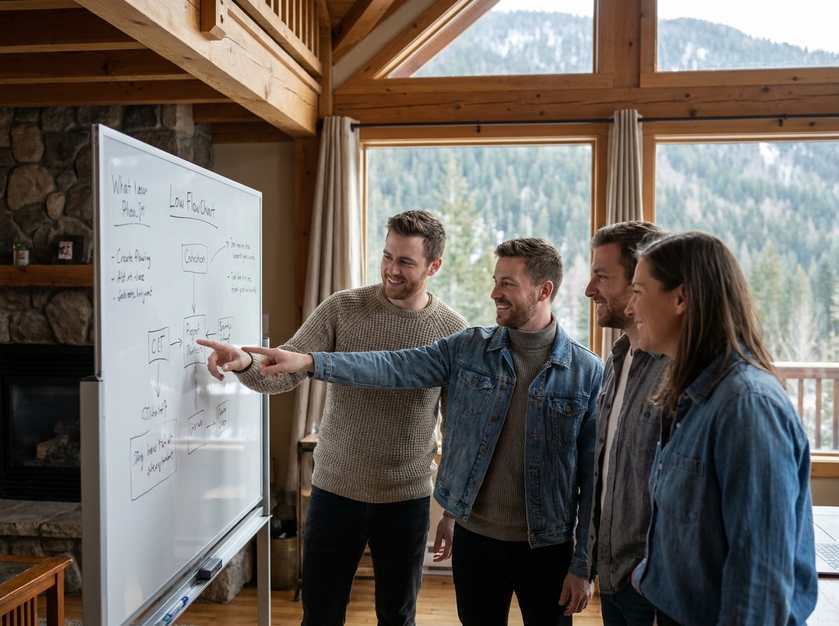 Groupe de collègues travaillant sur un tableau blanc lors d'un team building dans un chalet en montagne, favorisant la collaboration hors des bureaux
