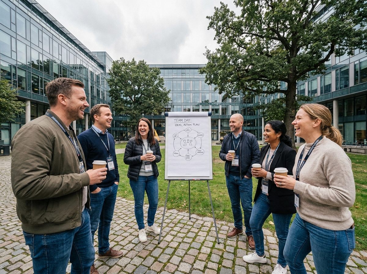 Collègues participant à une activité de team building en plein air organisée par le comité d'entreprise dans une cour d'entreprise