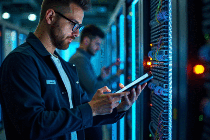 Technicien en centre de données utilisant une tablette pour vérifier un panneau optique