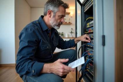 Homme en chemise navy examine câbles fibre optique dans un appartement
