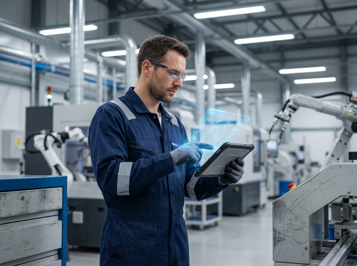 Technicien industriel homme avec tablette et réalité augmentée