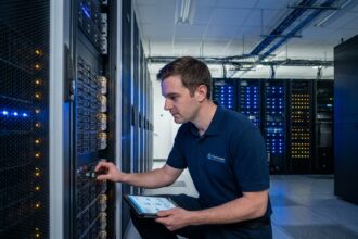 Technicien informatique inspectant des serveurs dans une salle de colocation datacenter moderne