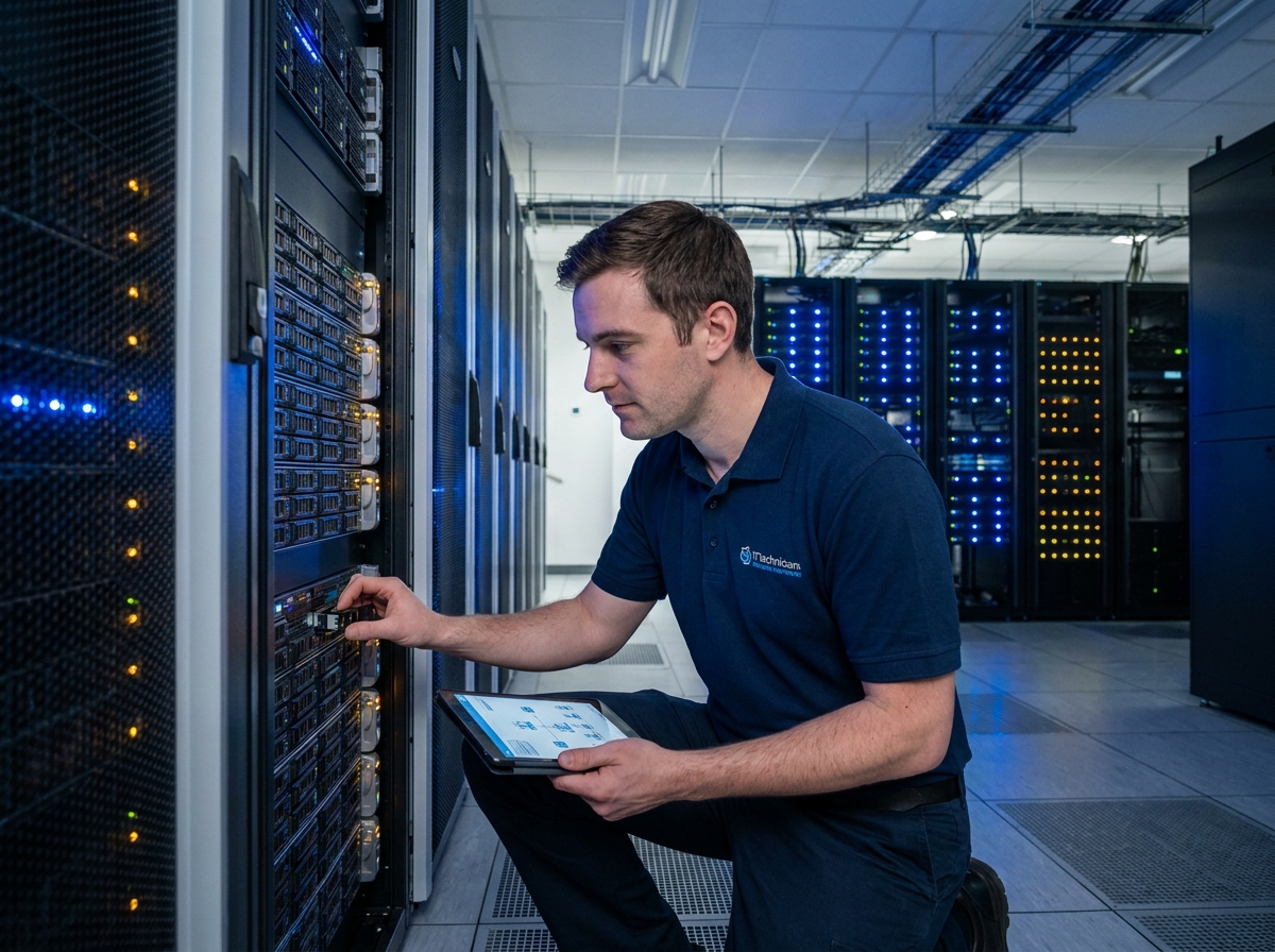 Technicien informatique inspectant des serveurs dans une salle de colocation datacenter moderne