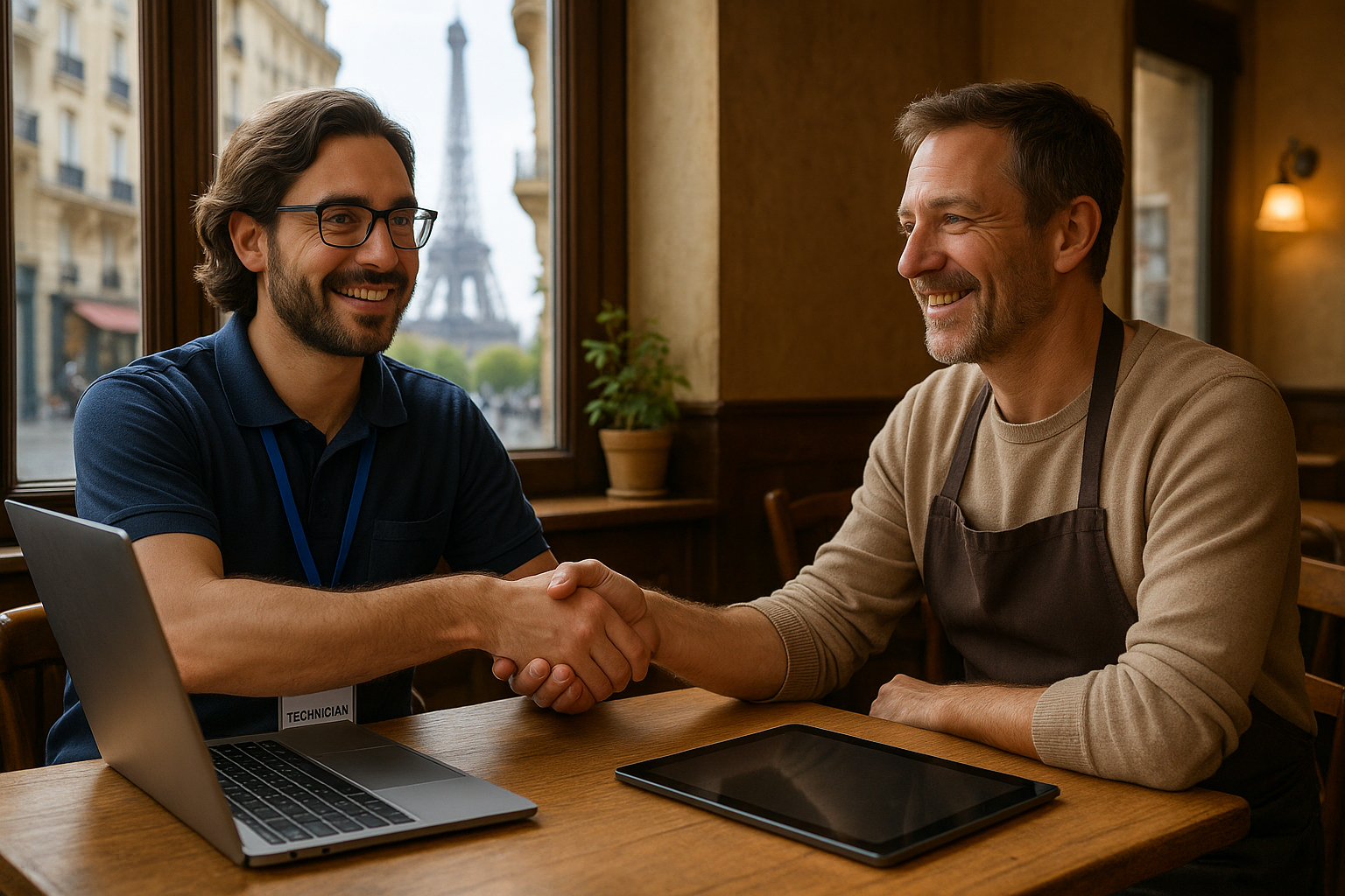 Technicien informatique serrant la main d un client dans un café parisien